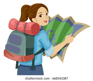 Illustration Featuring A Teenage Girl Carrying A Heavy Backpack Examining A Map