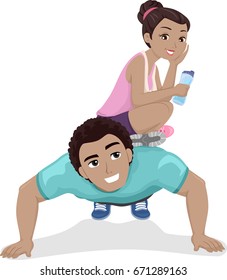 Illustration Featuring a Teenage Girl Sitting on the Back of Her Boyfriend as He Performs Push Ups