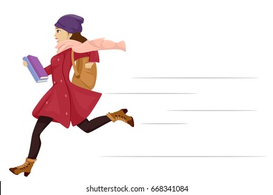 Illustration Featuring a Teenage Girl in Winter Clothing Running Late for School