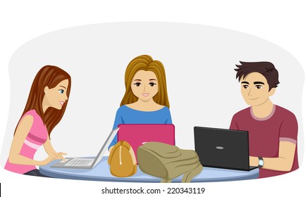 Illustration Featuring Teenage Students Using Their Laptops to Study