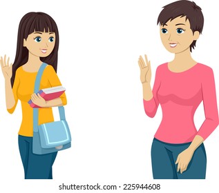 Illustration Featuring A Teenaged Girl Waving Goodbye To Her Mom