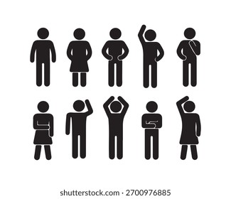 Illustration featuring ten stylized black stick figures on a white, depicting people in diverse poses and gestures, some men, and some women.