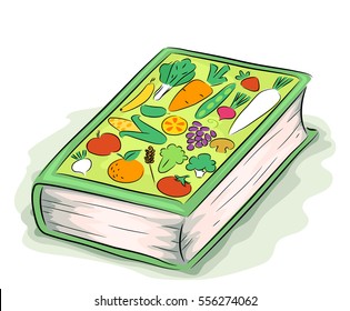 Illustration Featuring a Thick Hardbound Book with Drawings of Different Vegetables and Fruits as Its Cover