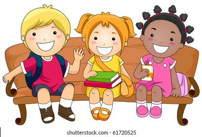 Illustration Featuring Three Cute Little Kids Sitting on a Bench - Vector