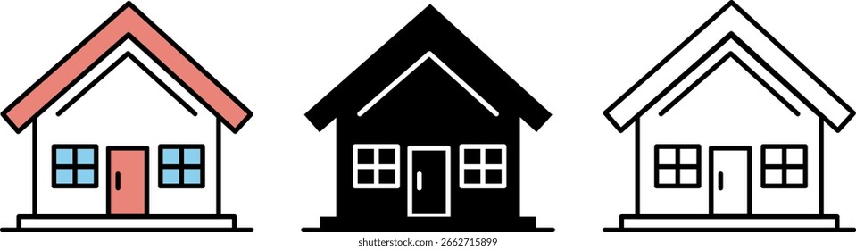 Illustration featuring three distinct house designs: one colored, one black, and one outline style for diverse uses.