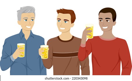 Illustration Featuring Three Generations of Men Drinking Beer Together