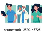 Illustration featuring three healthcare staff—a male nurse with a tablet, an older male doctor, and a female nurse—all giving a thumbs up, representing positive healthcare experiences.