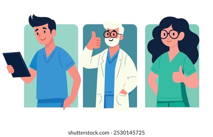 Ilustración con tres miembros del personal de salud: un enfermero con una tableta, un médico mayor y una enfermera, todos dando un pulgar hacia arriba, representando experiencias positivas de salud.