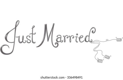 Illustration Featuring Tin Cans Dangling from the Words Just Married