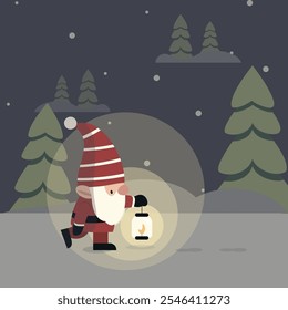 illustration featuring a Tomte (Swedish Christmas gnome) carrying a glowing lantern, walking through a snowy forest under a starry night sky. The scene captures a cozy, magical holiday vibe.