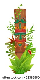 Illustration Featuring a Totem Pole Surrounded by Jungle Plants