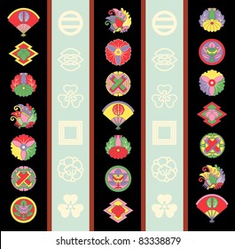 illustration featuring traditional Japanese family crests and motifs