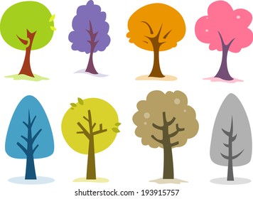 Illustration Featuring Trees of Different Shapes, Colors, and Sizes