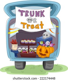 Illustration Featuring the Trunk of a Car Decorated for Halloween