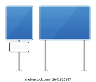 Illustration featuring two blue informational road signs, each supported by a silver metal pole on a white background. One sign has an additional small blank sign.