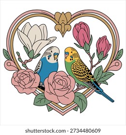 An illustration featuring two budgies, one green and yellow, the other blue and white, positioned within a decorative heart frame. The frame is adorned with stylized branches bearing pink roses and pale magnolia flowers. The artwork has a clean, illustrative style with a touch of vintage or art nouveau influence.