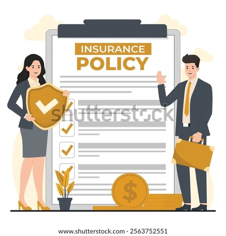 Illustration featuring two business professionals with an insurance policy document, symbolizing agreements, coverage, and financial planning