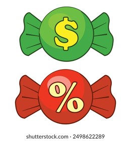 Illustration featuring two candies, one green with a dollar sign and one red with a percentage sign, symbolizing cashback