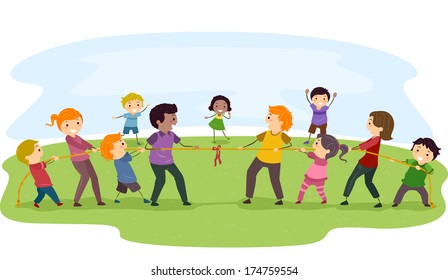 Illustration Featuring Two Families Playing Tug-of-War