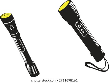 Eine Illustration mit zwei Handtaschenlampen, eine mit Armband, beide mit schwarzen Körpern und gelb gefärbten Köpfen, auf weißem Hintergrund.
