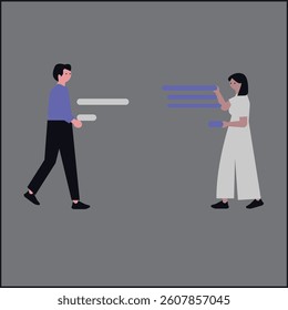 An illustration featuring two people engaged in a lively conversation. One person is smiling while the other listens attentively, with subtle hand gestures adding to the dynamic interaction. 