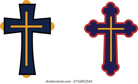 Una ilustración con dos estilizadas cruces cristianas una al lado de la otra sobre un fondo blanco limpio. La cruz de la izquierda tiene extremos angulosos y oblicuos y es de color azul oscuro con una cruz interna amarilla delgada. Pequeños Elementos circulares amarillos marcan los extremos de sus brazos. La cruz de la derecha tiene bordes redondeados y decorativos y un centro azul oscuro, delineado por un borde rojo y con una delgada cruz interior amarilla. Ambos diseños representan el símbolo religioso del cristianismo en un estilo de Arte vectorial moderno y plano.