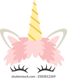 Illustration featuring a unicorn head adorned with a fluffy pink mane, a bright yellow horn, and gray ears, showcasing closed eyes against a clean white background