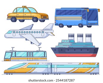 Ilustración con una variedad de modos de transporte público, incluyendo un taxi, autobús, avión, crucero, tranvía y tren de alta velocidad. 
Perfecto para materiales educativos, diseño relacionado con viajes