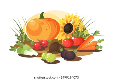 Illustration featuring a variety of vegetables and fruits. Includes a pumpkin, sunflower. Colorful composition representing a bountiful harvest.