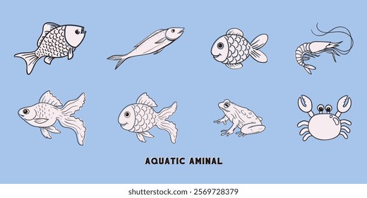 Illustration featuring various aquatic animals such as fish, shrimp, crab, and frog. The imagery showcases hand-drawn outlines perfect for educational, artistic, or creative design purposes related to