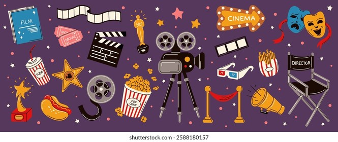 Illustration featuring various cinema and movie industry-related icons such as film reels, popcorn, director's chair, and awards, drawn in a playful and vibrant vector style.