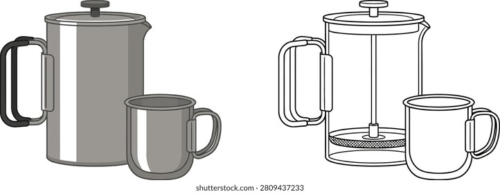 An illustration featuring various coffee brewing devices and a matching mug perfect for enjoying your favorite hot beverage