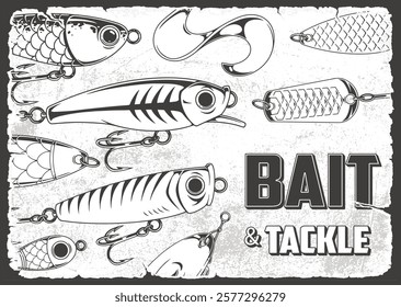 Illustration featuring various fishing lures and tackle arranged on a textured background. The design showcases different styles of bait used for fishing highlighting their details.