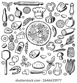 An illustration featuring various food items, cooking tools, and ingredients, centered around a pizza theme.