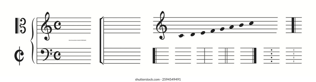 Illustration featuring various musical notations including treble and bass clefs, time signature, notes on staff lines, and bar lines in a linear arrangement.