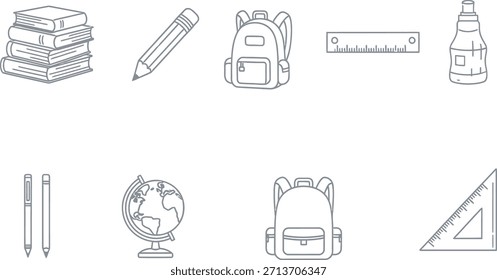 Una ilustración con varios útiles escolares y números, incluyendo libros, lápices, mochilas y más.