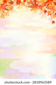 Illustration featuring vibrant gradient maple leaves and a Japanese-style patterned background.