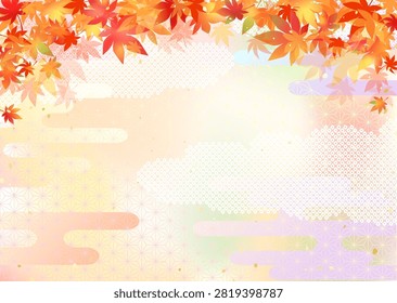 Illustration featuring vibrant gradient maple leaves and a Japanese-style patterned background.