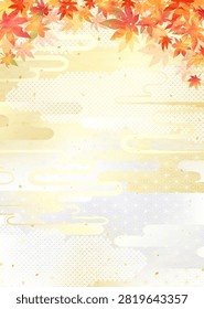 Illustration featuring vibrant gradient maple leaves and a Japanese-style patterned background.