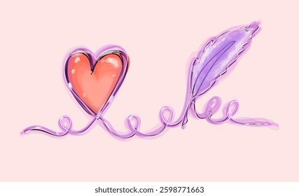 Illustration featuring a vibrant heart and purple feather connected by a playful swirling line. Set against a soft pink background, it evokes a sense of love and creativity.