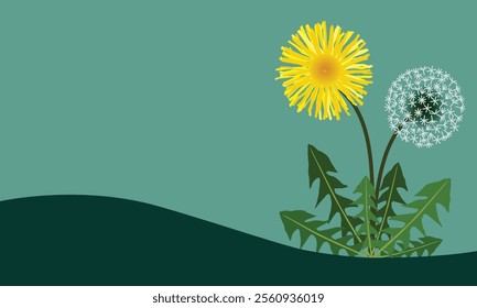 A illustration featuring a vibrant yellow dandelion flower and its iconic seed head set against a serene green bg.The design is complemented by lush green leaves and a gentle curved landscape.