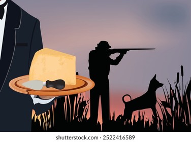 Ilustração com um garçom segurando uma bandeja com uma porção de queijo e um caçador com seu cachorro ao pôr do sol