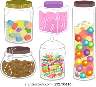 Illustration Featuring a Wide Variety of Candies in Fancy Bottles and Jars