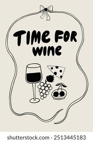 Illustration featuring a wine glass, cheese, grapes, and cherries. Perfect for celebrating wine lovers' moments and indulging in luxury and relaxation