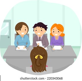 Illustration Featuring a Woman Being Grilled at a Panel Interview