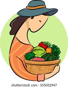 Illustration Featuring a Woman Carrying a Wooden Basket Full of Fresh Fruits and Vegetables