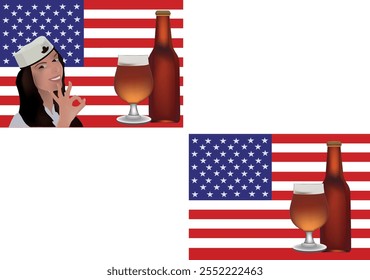 Illustration featuring a woman making ok sign with beer glass and bottle against backdrop of the american flag