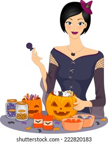 Illustration Featuring a Woman Preparing Halloween Candies
