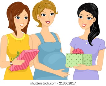 Illustration Featuring Women Presenting Gifts to Their Pregnant Friend