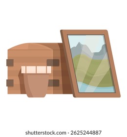 Illustration featuring a wooden crate with a painting leaning on it and a flowerpot in front of it, in cartoon style